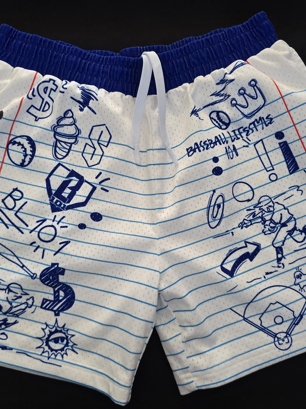 Kids White & Blue Notebook-Print Baseball Shorts